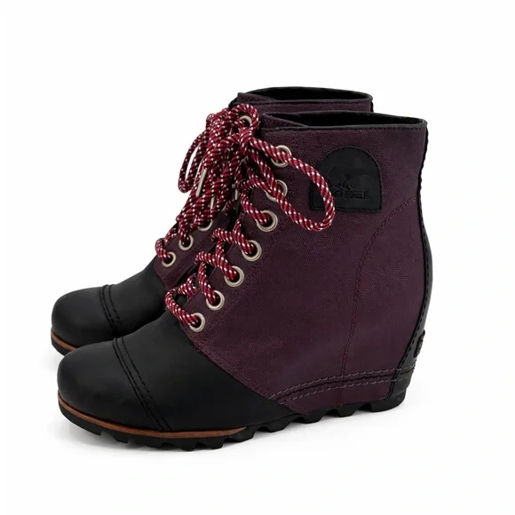 SOREL Lexie Waterproof Leather Wedge Burgundy & Black Wedge Ankle Boots SZ 8.5 - Picture 2 of 16